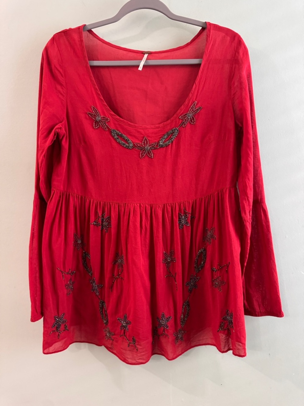 Anthropologie Red Long-Sleeve Embroidered Tunic